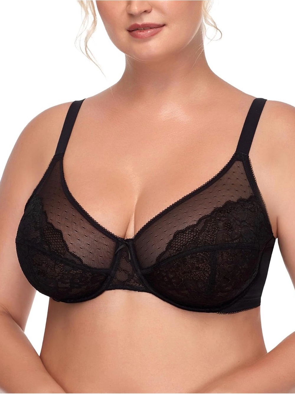 HSIA Minimizing Supportive Black Lace Underwire Bra with Sheer Dot Mesh